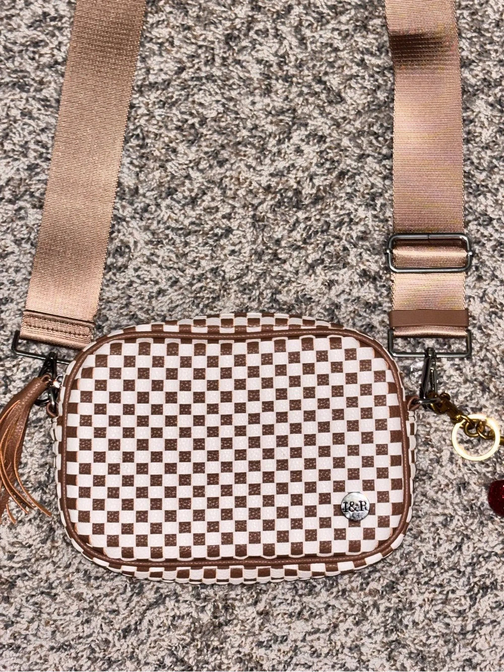 Women’s Checker Crossbody Bag in Brown and White with Adjustable Strap